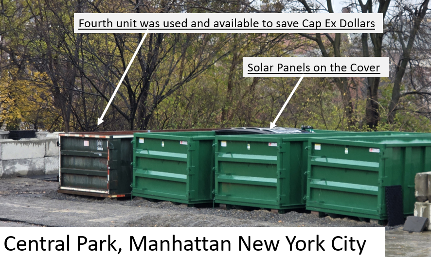 Another angle of the Central Park Dungster installation showing the narrow gap between units