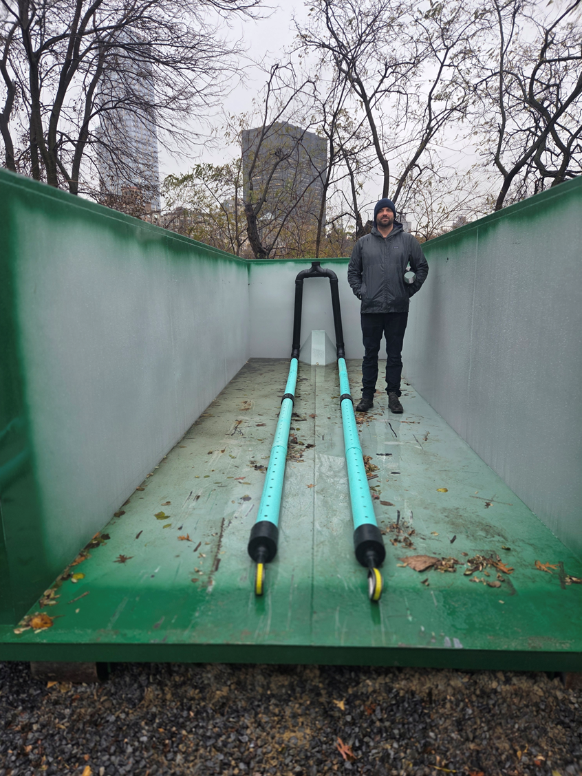 Narrow gauge Dungster aeration system inside a 30-yard dumpster at Central Park